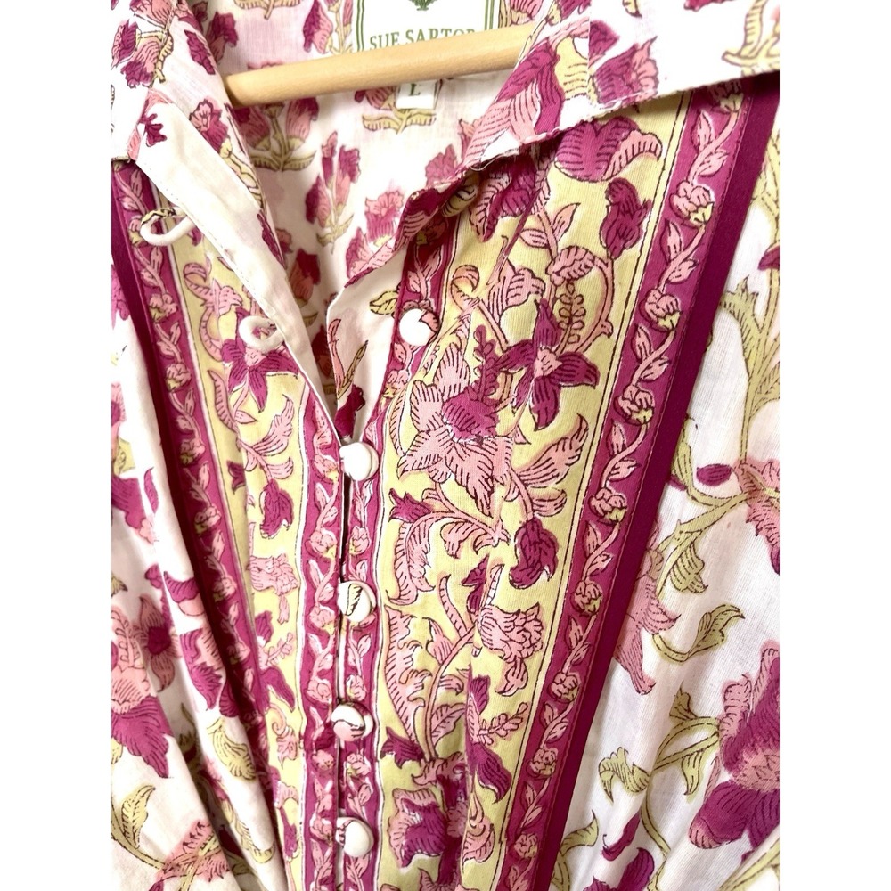 SUE SARTOR Anthropologie Long-Sleeve Flounce Dress Pink Peridot Dahlia Floral L - Picture 10 of 16